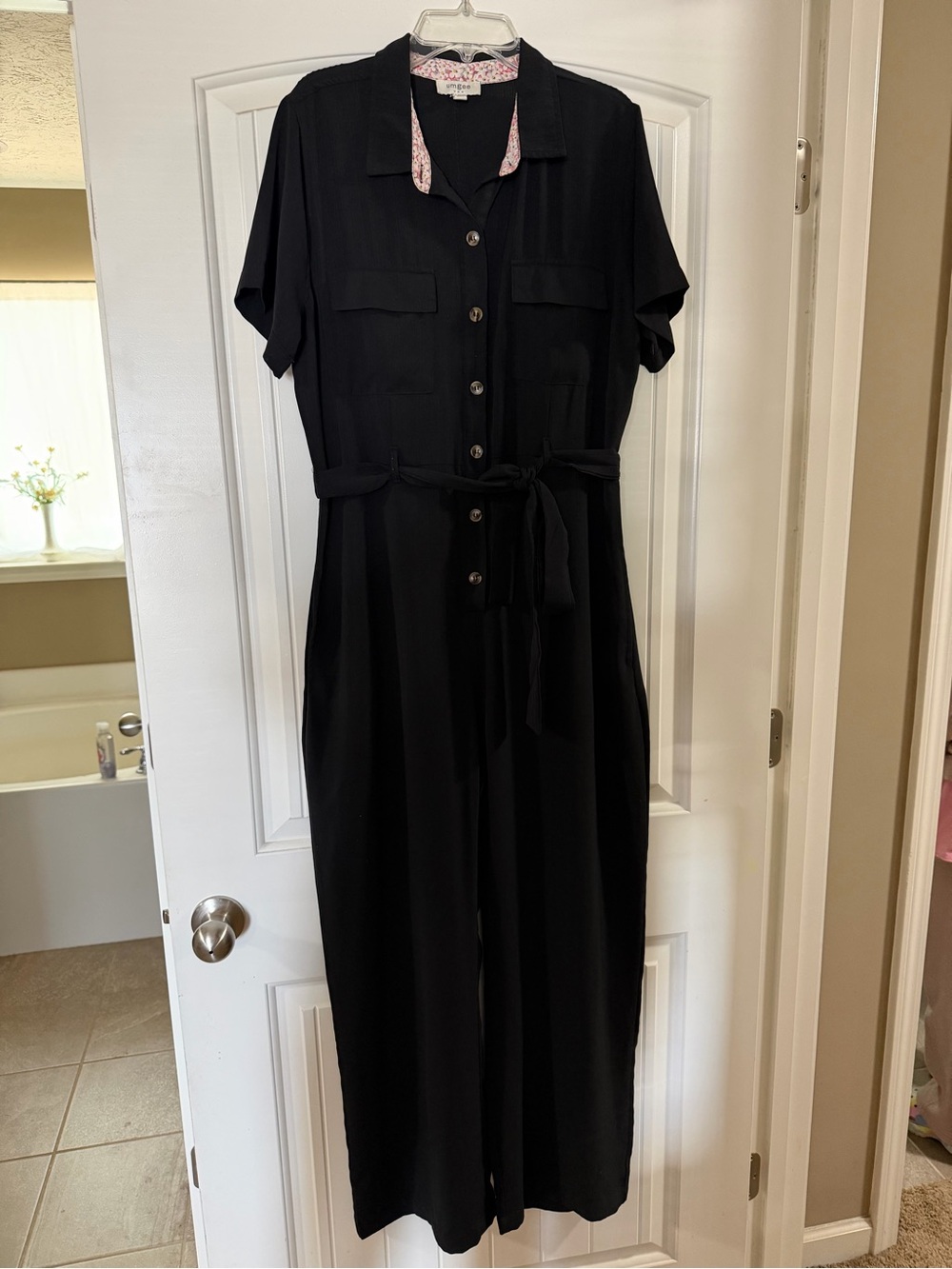 Umgee Black Short-Sleeve Button-Front Jumpsuit with Tie Waist